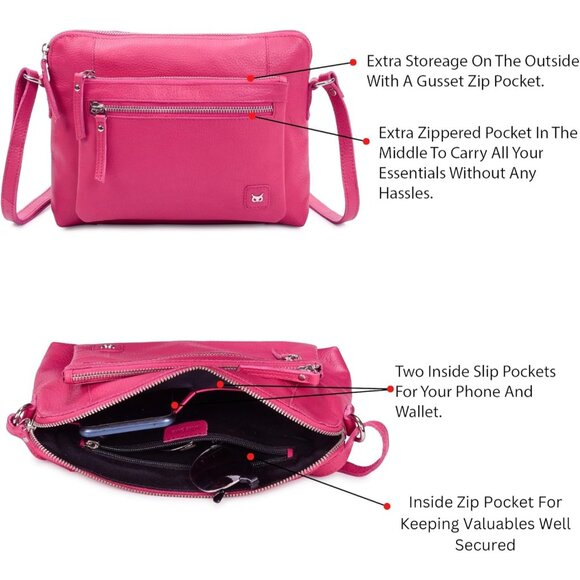 Women Hot Pink Imported Leather Polyester Crossbody Sling Shoulder Crossover Bag - Picture 4 of 6